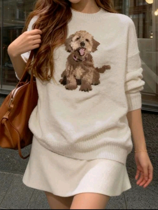 Sweaters - Cream Sweater with Brown Puppy Motif